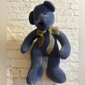 PIER 1 IMPORTS BLUE CORDUROY LIKE PLUSH BEAR WIT METALLIC OLIVE GREEN RIBBON